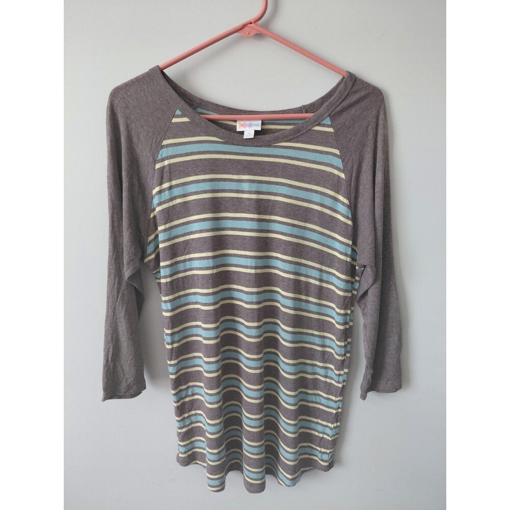 Lularoe Randy Medium Brown and Yellow Stripes Baseball T